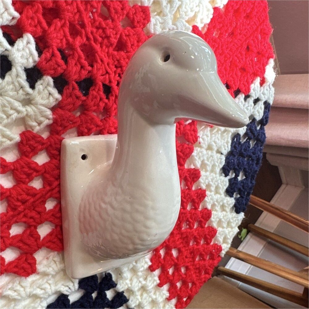 Vintage White Ceramic Duck Goose Wall Hook Towel Coat Hanger Farmhouse